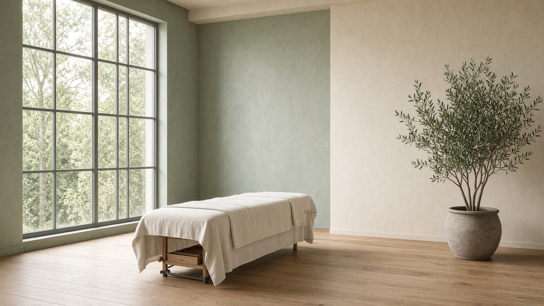Empty teaching clinic with a linen treatment table and tall windows