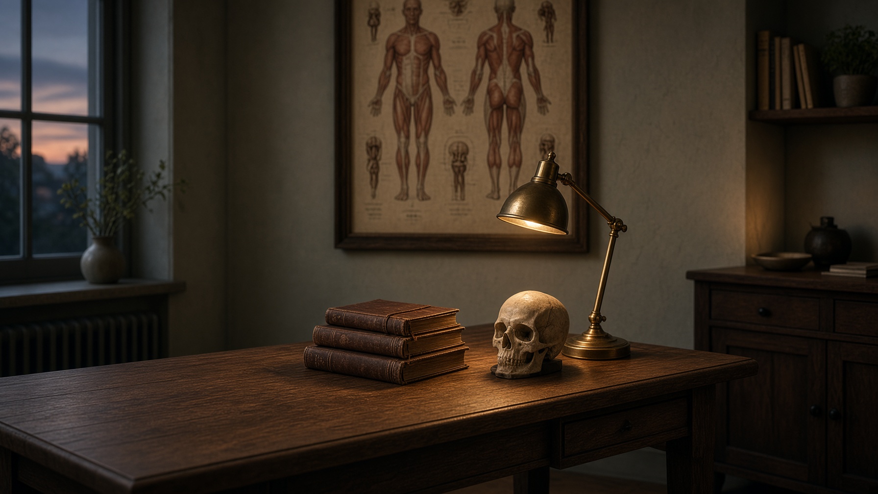 Clinical study with anatomical chart, cranial model, and brass lamp