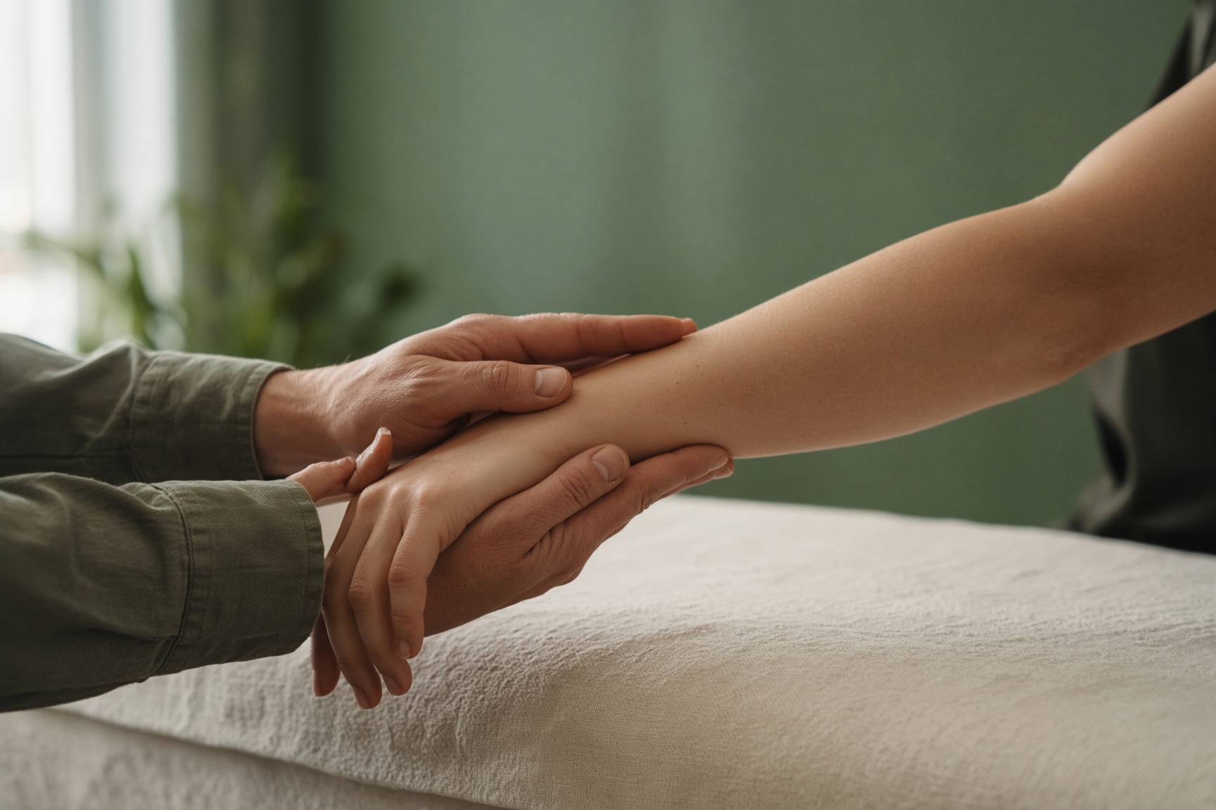 Manual muscle testing: examiner and patient hands on a linen table