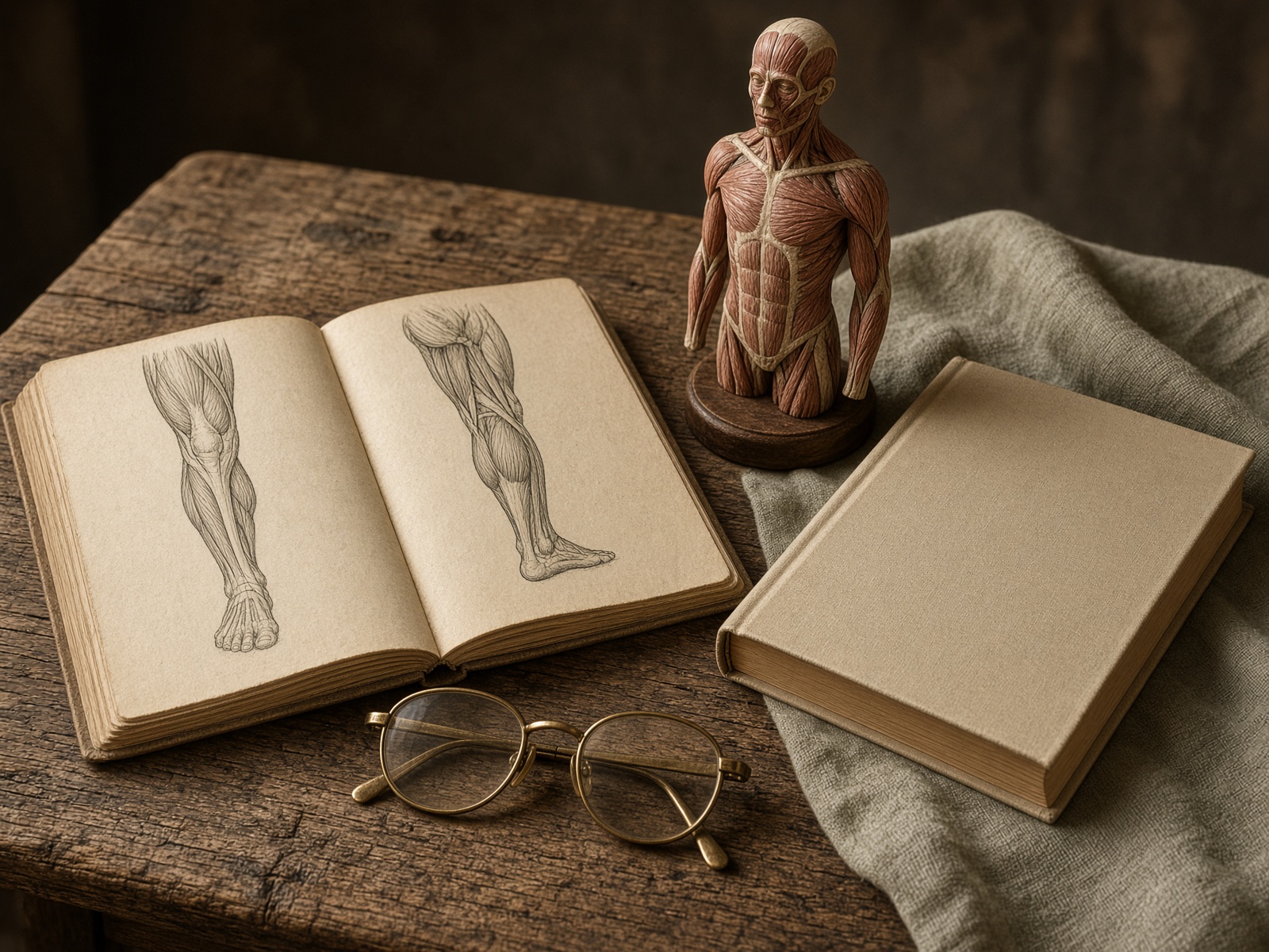 Study still life of anatomical notes, textbook, and muscle model
